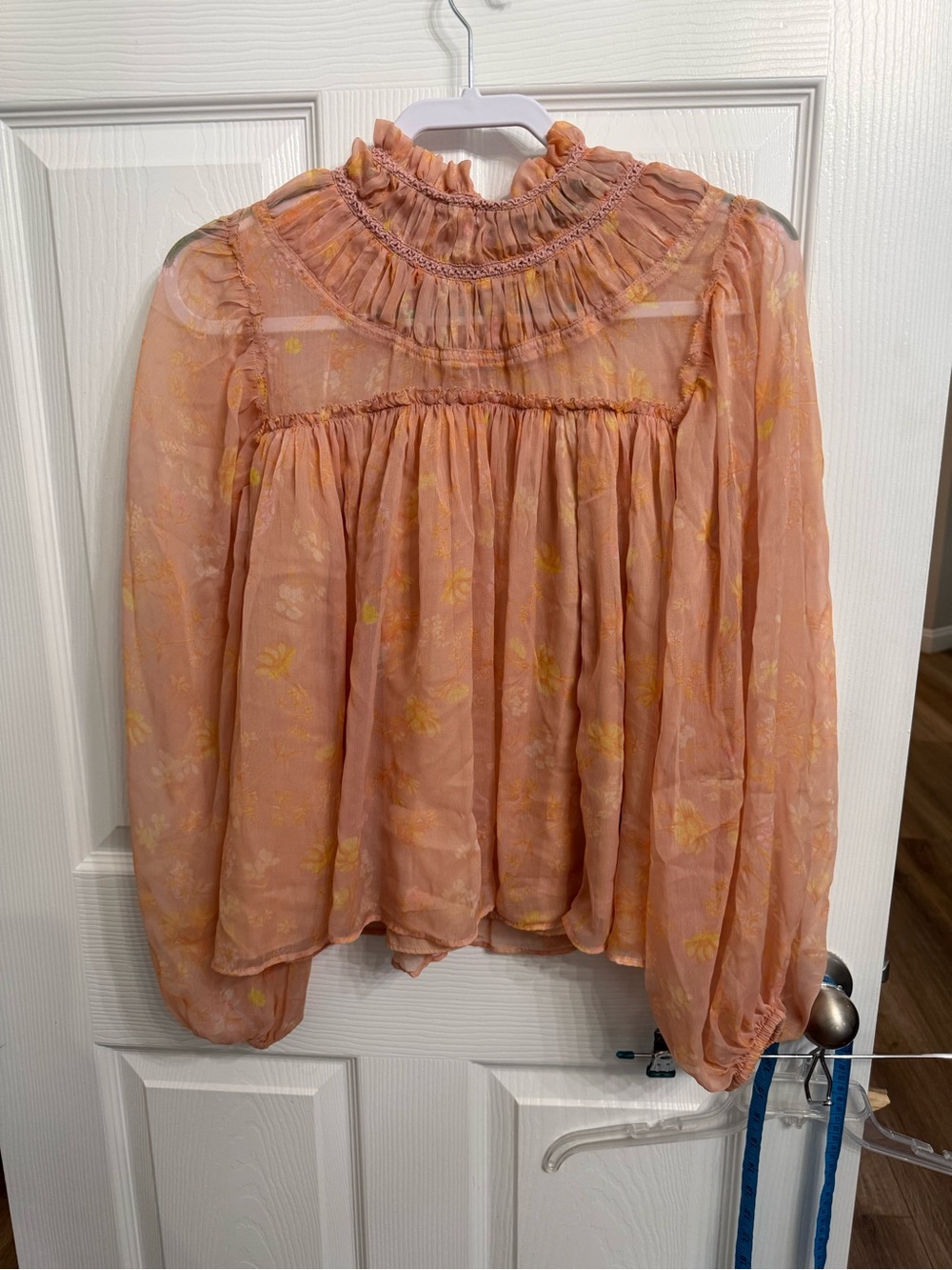 French Connection Floral Sheer Blouse M Peach Ruffle High Neck Boho Romantic